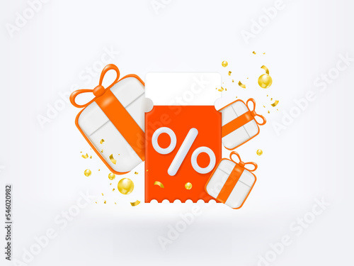 3D Gift voucher with coupon Percentage. For business promotion sales and Discount online purchases. Tag label, banner with gift box and golden bell isolated. 3d rendering.