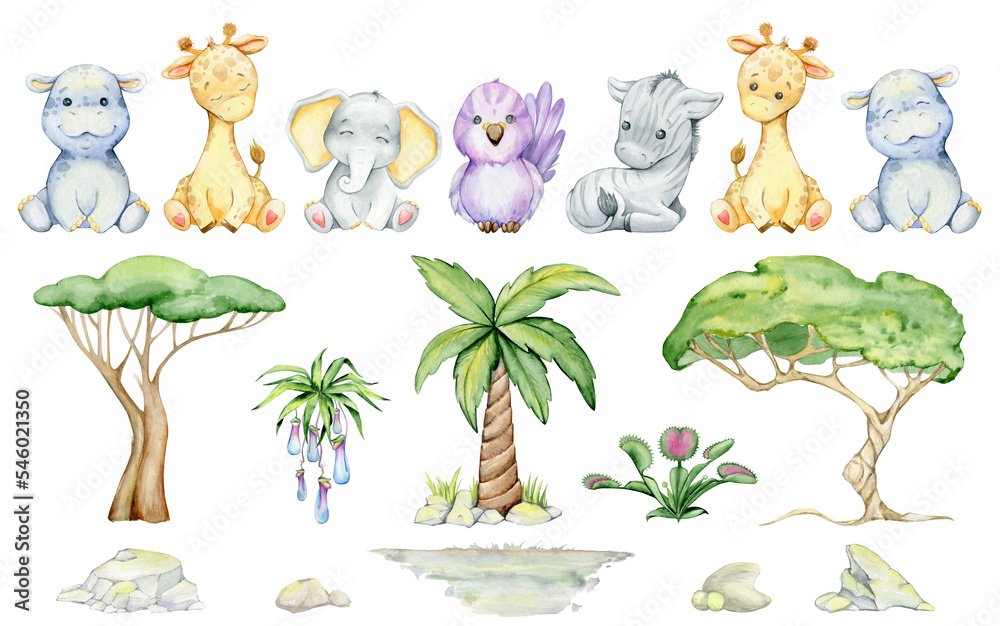 hippopotamus, giraffe, elephant, parrot, zebra, plants, trees, palm trees, stones. Cute African animals in cartoon style, on an isolated background.