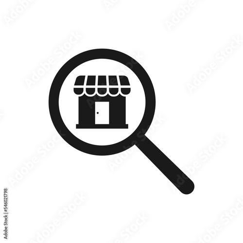 Magnifier and store. Find shop flat icon isolated on white background. Vector illustration