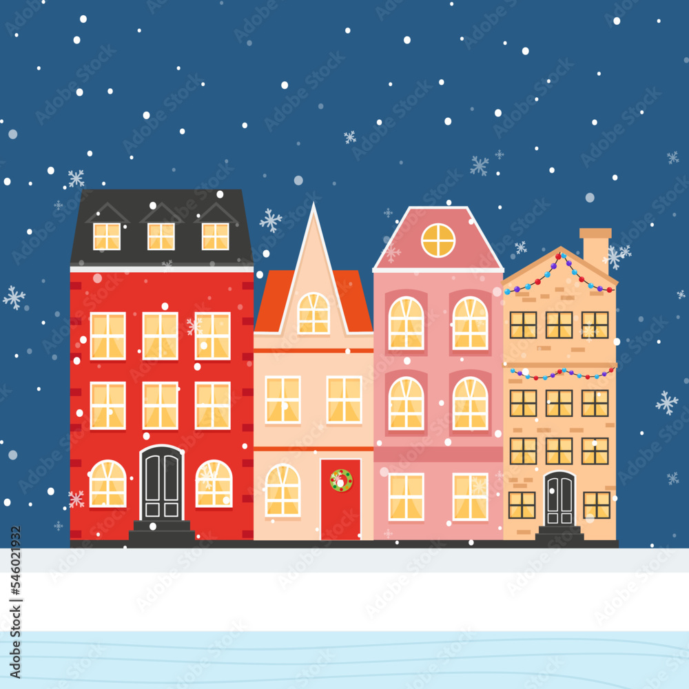 Christmas city. Christmas houses. Vector graphics