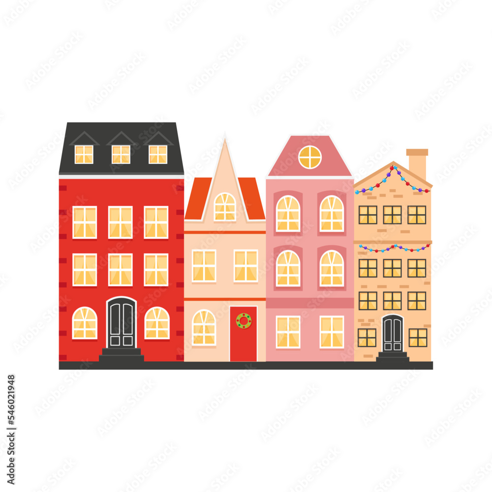 Scandinavian houses on a white background. Vector graphics in flat cartoon style