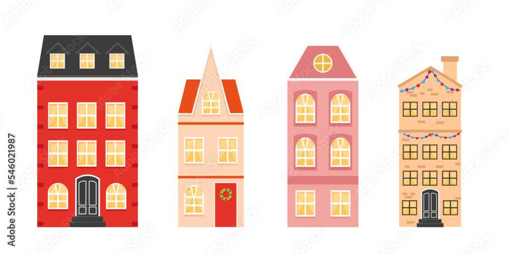 Set of Christmas houses. Vector graphics in flat cartoon style