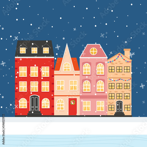 Christmas city. Christmas houses. Vector graphics