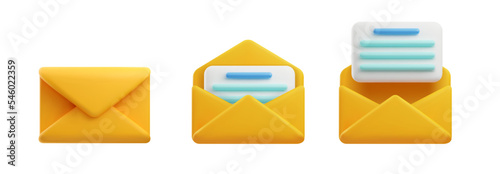 A set of 3d vector icons with an envelope and a letter. An open and closed envelope with a document. The concept of email.