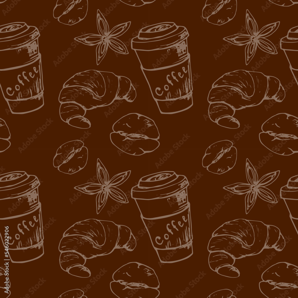 Coffee sketch. Pattern for a cafe. Dark brown coffee seamless pattern. Kitchen. Menu. Scrapbooking.