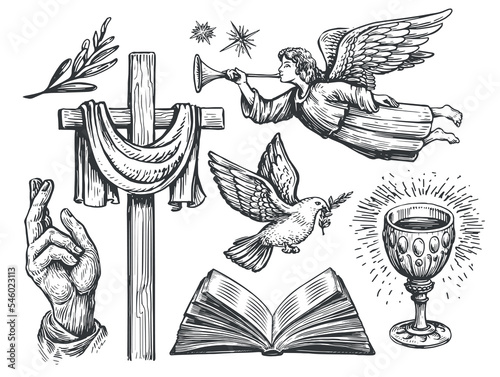 Christian wooden cross, Blessing hand, Flying dove with olive branch, Angel, Open bible, Holy Grail. Religion symbols