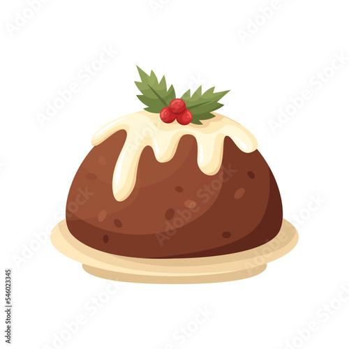 Vector illustration of an English dish - Christmas pudding. Kitchen for New Year and Christmas. Flat style.