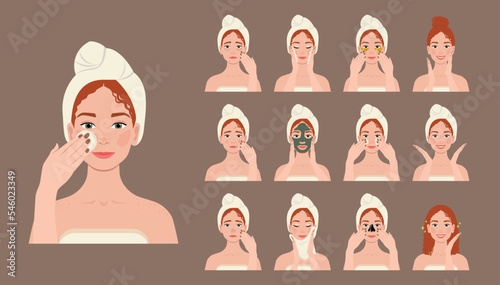 Fotografija Young ginger woman making her daily skincare routine and various facial procedures