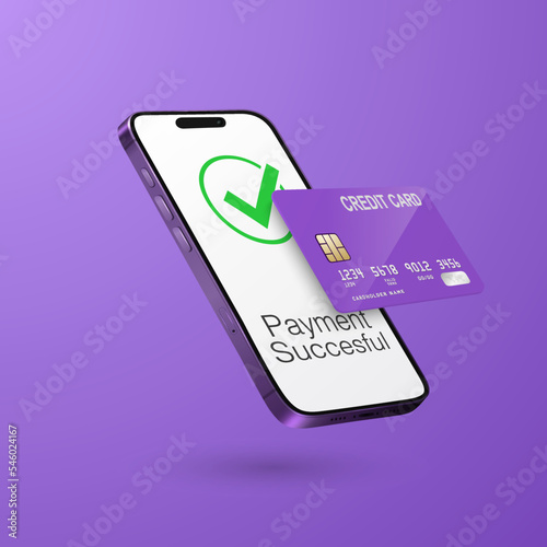 Vector 3d Realistic Purple Smartphone, Credit Card, Wi-Fi Successful Payment. Concept of Payment for Purchases by Card, Online Shopping. Design Template, Bank POS Terminal, Mockup. Processing NFC