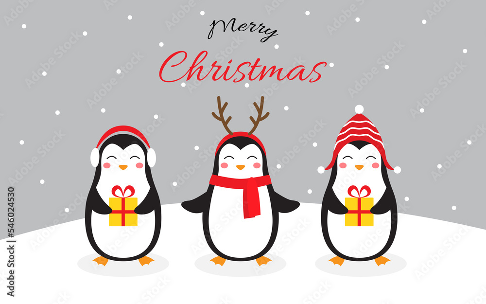 Cute characters Christmas penguins on a snowy background. Christmas greeting card. Vector illustration in doodle style