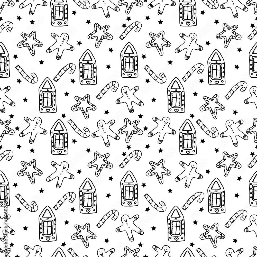 Fototapeta premium Vector hand drawn Christmas seamless pattern. Black and white background.