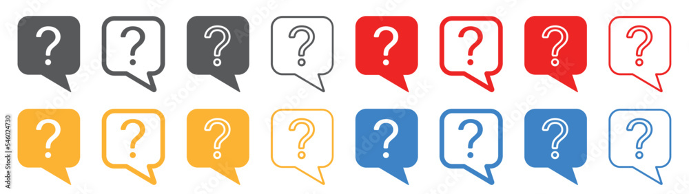 Set of message boxes with question mark icons. Help symbol, question mark, FAQ signs. Vector illustration. Set of message boxes with question mark icons. Help symbol, question mark, FAQ signs. Vector illustration.