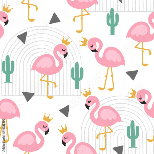 flamingo summer tropic seamless pattern with abstract scandinavian rainbow, green cactus and triangles. Cute pink flamingos for kids fabricas and textile print.