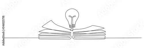 Light bulb above book continuous one line art drawing. Line drawing open book with lamp idea symbol. School education concept. Vector illustration isolated on white.