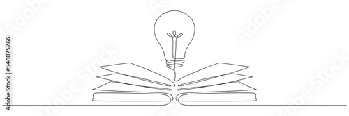 Wallpaper Mural Light bulb above book continuous one line art drawing. Line drawing open book with lamp idea symbol. School education concept. Vector illustration isolated on white. Torontodigital.ca