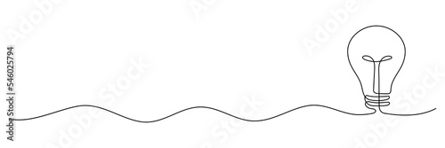 Light bulb one continuous line drawing. Electric lamp. Brainstorm linear symbol. Vector isolated on white.