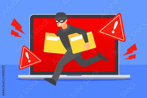 Hacker runs out of laptop with document folders icons. Data breach or cybercrime concept. System security threat warning alert. Computer file stealing. Technology flat cartoon vector illustration.