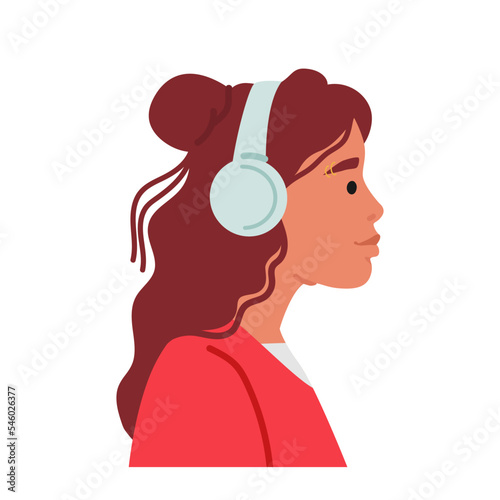 Young Stylish Woman Character Wear Headphones Profile View. Trendy Teenager Girl with Long Hair Listen to Music