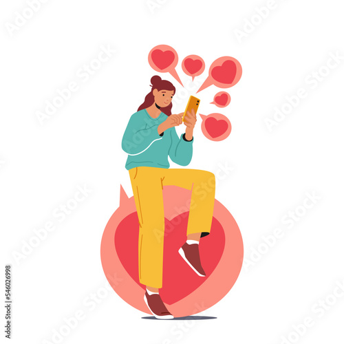 Young Female Character Sitting On Huge Heart Icon Giving Likes In Social Media. Woman Use Online Dating Service