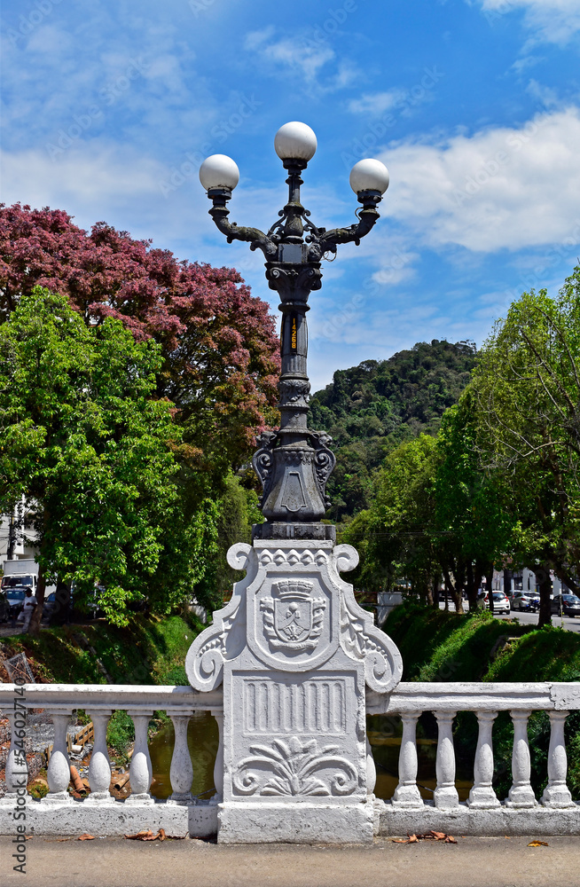 Old street lamp over Conde d'Eu bridge in Petropolis, Rio de Janeiro, Brazil