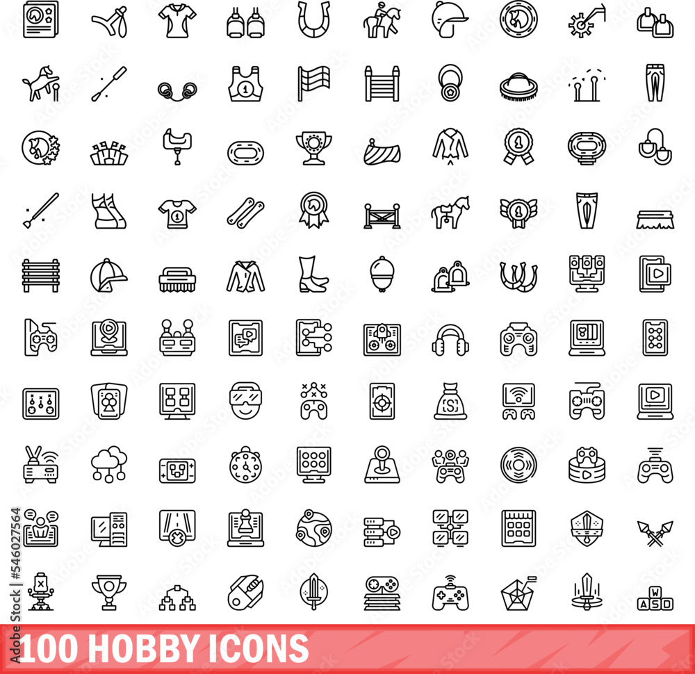100 hobby icons set. Outline illustration of 100 hobby icons vector set isolated on white background