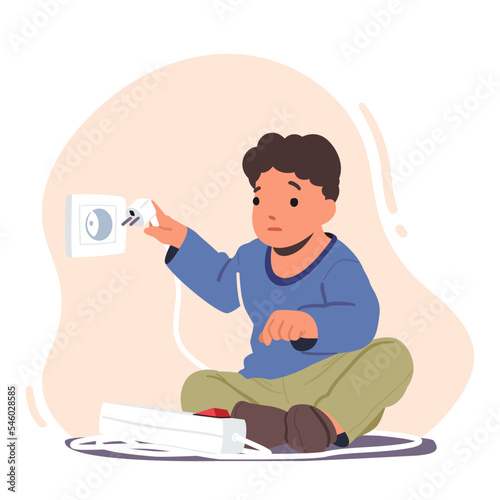 Kid In A Dangerous Situation, Child Play With Electricity Turn On Plug In Socket. Risk At Home Prevention, Hazard