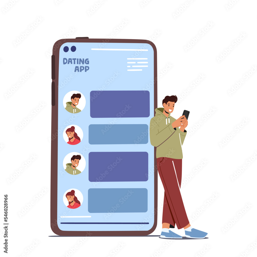 Male Character Dating Online Using App On Phone. Virtual Service Communication At Distance Vector Illustration Male Character Dating Online Using App On Phone. Virtual Service Communication At Distance Vector Illustration