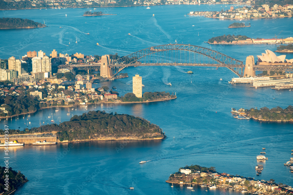 Sydney, Australia. View of city harbour from a flying airplane