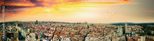 Amazing panoramic aerial view of city center and landmarks at dusk, Madrid