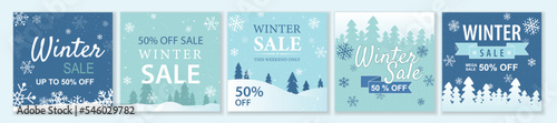 Winter and Christmas Sale square template set for ads posts in social media. Bundle of blue layouts with snowflakes and trees. Suitable for mobile apps, banner design and web ads. Vector illustration.
