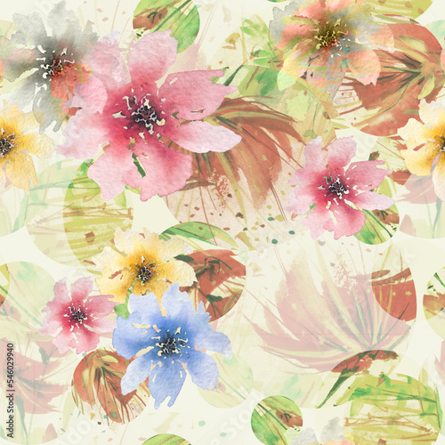 Seamless vintage pattern, flowers. Plant in watercolor. Seamless graphic watercolor pattern, background. Abstraction, design, splash of watercolor paint. Abstract graphic. Field and garden flowers. 