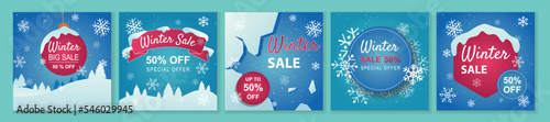 Winter and Christmas Sale square template set for ads posts in social media. Layouts bundle with snowflakes and snowy trees. Suitable for mobile apps, banner design and web ads. Vector illustration.