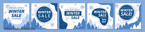 Winter and Christmas Sale square template set for ads posts in social media. Layouts with snowflakes and silhouettes of trees. Suitable for mobile apps, banner design and web ads. Vector illustration.