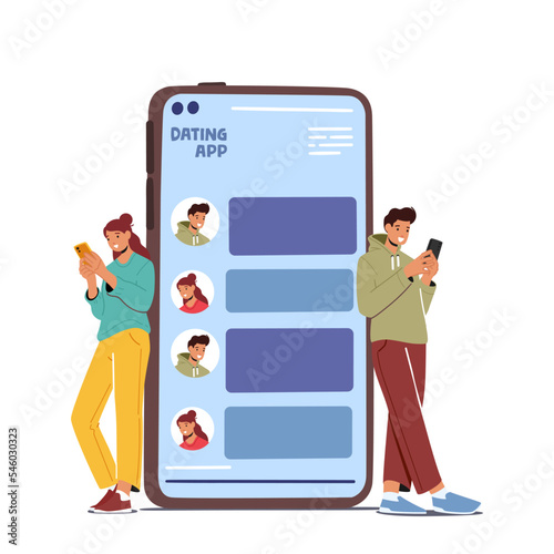 Online Dating Service Application. Characters Holding Smartphone With Man And Woman Profiles. Virtual Relationship