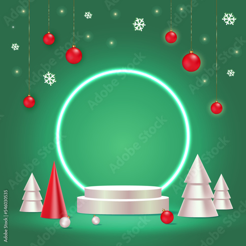 Merry Christmas sale promotion poster banner with product display and festive decoration GREEN background. a stage pedestal or platform. winter christmas red background with xmas tree. 3D vector