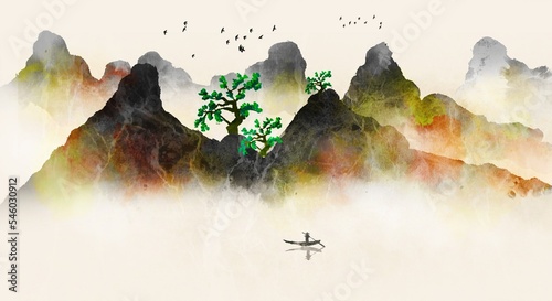 China s traditional Chinese painting ink in the mountains. hand drawn watercolor mountain landscape. Watercolor forest winter landscapes. 