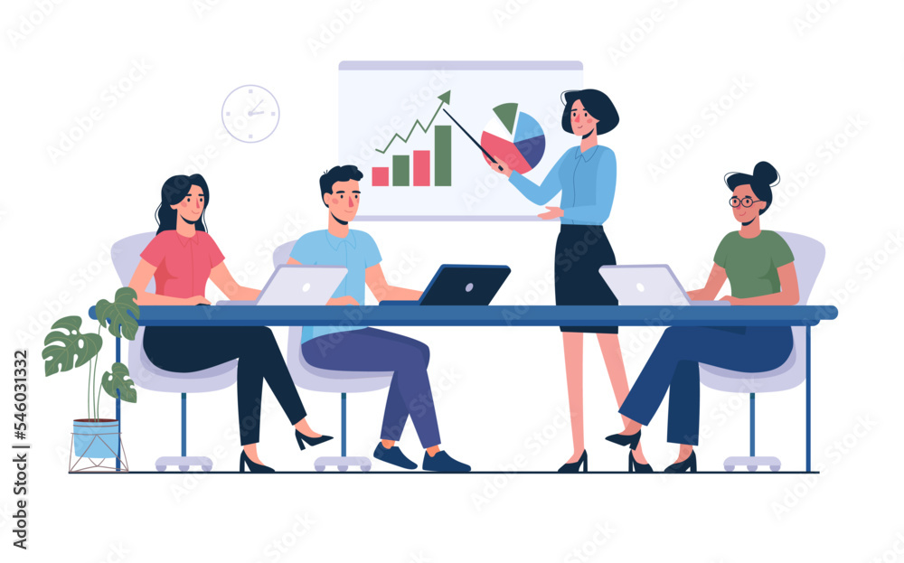 Coach speaking before employees. Business training, seminar, conference in the office. Mentor .teaches, presenting charts. Vector illustration Presentation in flat style Coach speaking before employees. Business training, seminar, conference in the office. Mentor .teaches, presenting charts. Vector illustration Presentation in flat style