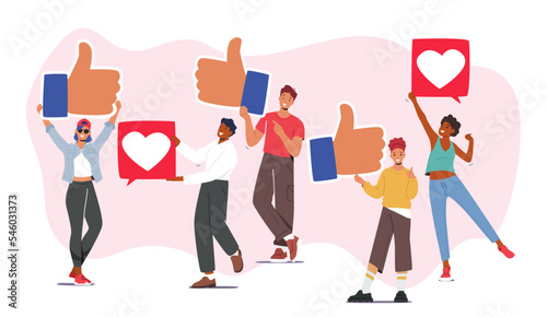 Characters Holding Like Notifications. Male And Female Followers Gives Like In Networks. People With Hearts And Thumb Up