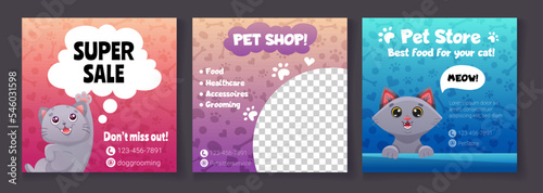 Pet store banner for social media posts with cute cats. Super Sale square template for pet shop. Vector cartoon illustration with editable text and photo