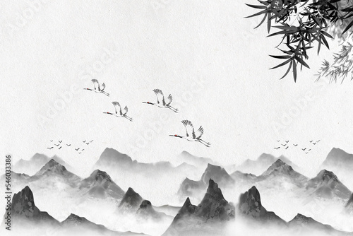 China's traditional Chinese painting ink in the mountains. hand drawn watercolor mountain landscape. Watercolor forest winter landscapes. 