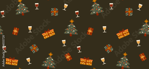 Merry Christmas seamless pattern. Fir tree and gift boxes. Wrapping paper for gift © NKTN
