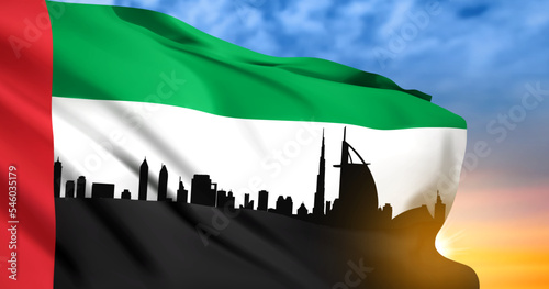 National day of United Arab Emirates. Silhouette of Dubai skyline with UAE flag on background of sunset. EPS10 vector