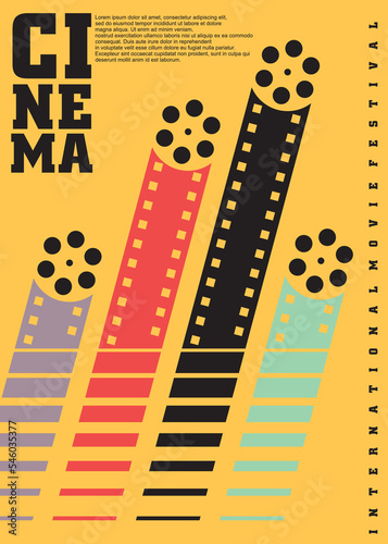 Movie festival poster, brochure, flyer or banner design layout with colorful film strips on yellow background. Cinema event vector illustration. Arts and entertainment graphic.