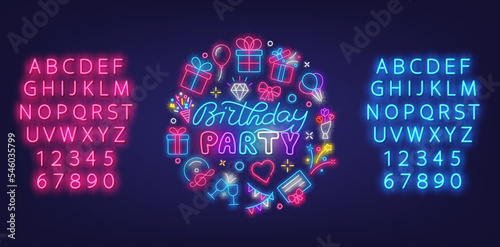 Birthday party neon signboard. Circle layout with shiny icons. Light advertising. Greeting card. Vector illustration