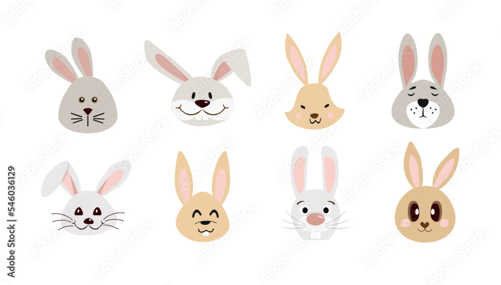 Chinese New Year 2023 adorable rabbit's faces, heads. Set of cute cartoon animals hares portraits on white. Fits for designing kids clothes, greeting cards, banner, poster. Vector illustration