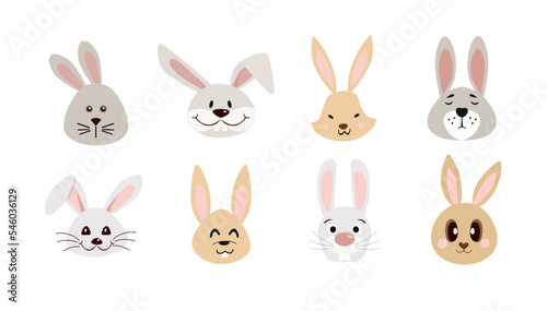 Chinese New Year 2023 adorable rabbit s faces  heads. Set of cute cartoon animals hares portraits on white. Fits for designing kids clothes  greeting cards  banner  poster. Vector illustration
