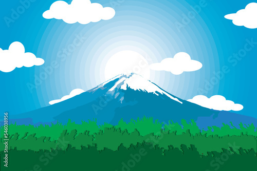 illustration view of the mountain with sun and clouds on the blue sky background.