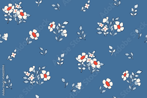 Seamless floral pattern, pretty ditsy print with tiny winter botany. Cute flower design with small hand drawn flowers, leaves in a liberty arrangement on blue background. Vector botanical illustration