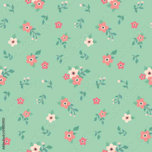 Seamless floral pattern, cute ditsy print with tiny hand drawn flowers in an abstract arrangement on a mint background. Pretty girly flower design with small flowers, leaves in pastel colors. Vector.