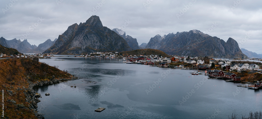 Panorama of the fishing village of Reine, Norway. It is located on the island of Moskenesoya in the Lofoten archipelago, above the Arctic Circle.
